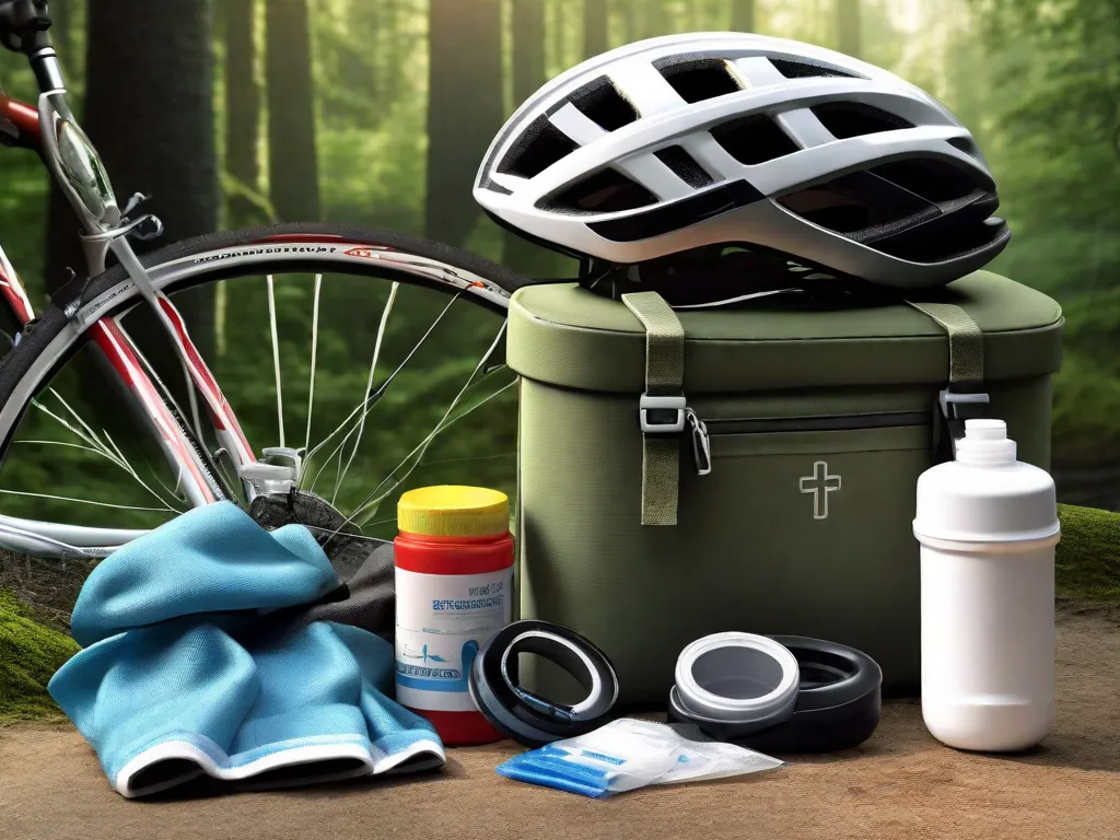 Um kit de primeiros socorros aberto com bandagens, lenços antissépticos e compressas de gaze dispostos ao lado de um capacete de bicicleta, luvas e uma garrafa de água, com um cenário pitoresco de uma trilha de ciclismo serpenteando por uma floresta iluminada pelo sol.