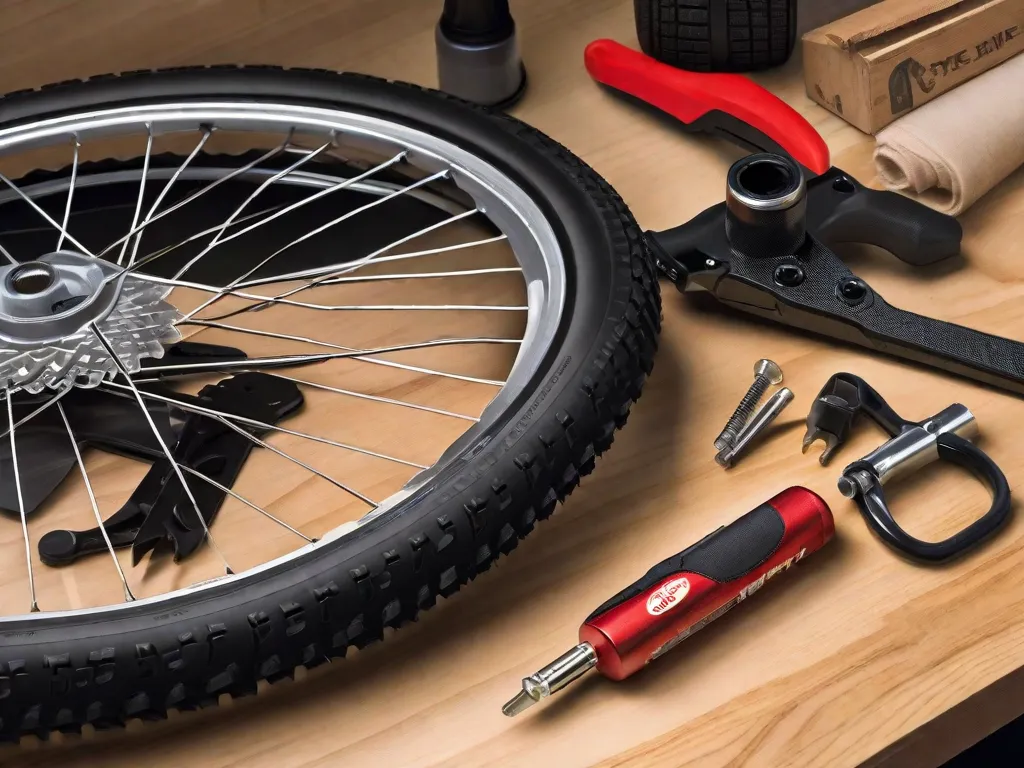 Uma imagem bem organizada mostrando um kit compacto de reparo de pneu de bicicleta sobre uma bancada de madeira. O kit inclui espátulas para pneus, remendos, adesivo e uma mini bomba. Ao fundo, a roda de uma bicicleta está encostada na parede, com o pneu parcialmente removido para sugerir um reparo em andamento.