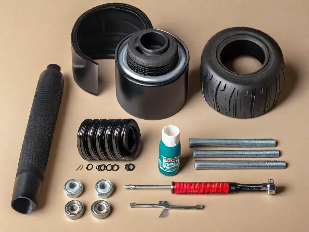 Uma imagem em close-up de um kit de reparo para pneus de bicicleta disposto em uma mesa. O kit inclui um pequeno tubo de cimento de borracha, um conjunto de remendos para pneus em diferentes tamanhos, uma alavanca para pneus e uma pequena bomba manual. Essas ferramentas essenciais são tudo o que você precisa para consertar um pneu furado de bicicleta.