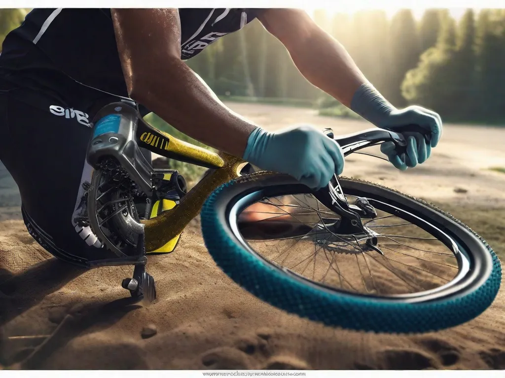 Descrição da imagem: Um close-up de uma bicicleta sendo cuidadosamente limpa e mantida. A imagem mostra um par de mãos com luvas segurando uma esponja, limpando suavemente a sujeira e a sujeira do quadro da bicicleta. A luz do sol reflete na superfície brilhante, destacando a atenção aos detalhes em manter a bicicleta em excelente estado.