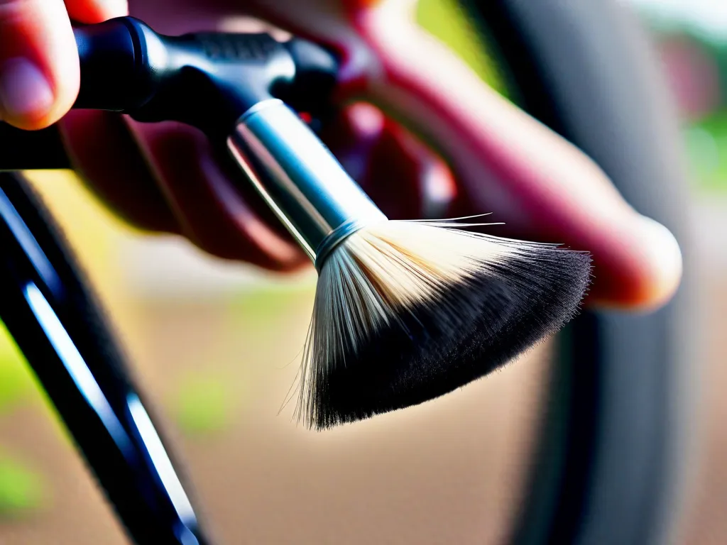 Descrição da imagem: Um close-up de uma mão segurando uma escova de cerdas macias, varrendo suavemente a sujeira e o pó da superfície do quadro de uma bicicleta. Ao fundo, pode-se ver uma variedade colorida de panos de microfibra, prontos para serem usados para limpar os componentes da bicicleta e dar-lhes um brilho impecável