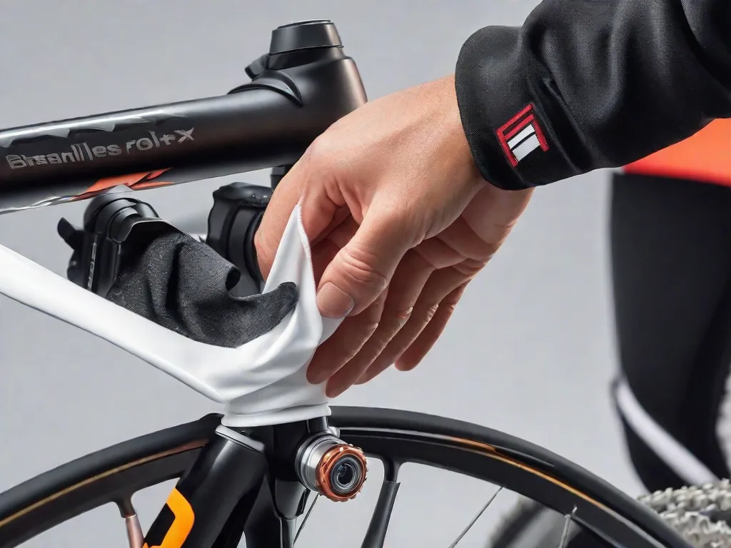 Uma imagem em close-up de um par de mãos enluvadas segurando um pano branco limpo e limpando o quadro de uma bicicleta elegante e brilhante. O pano está removendo sujeira e poeira, revelando as cores vibrantes da bicicleta e refletindo a importância da limpeza regular para manter sua aparência impecável.