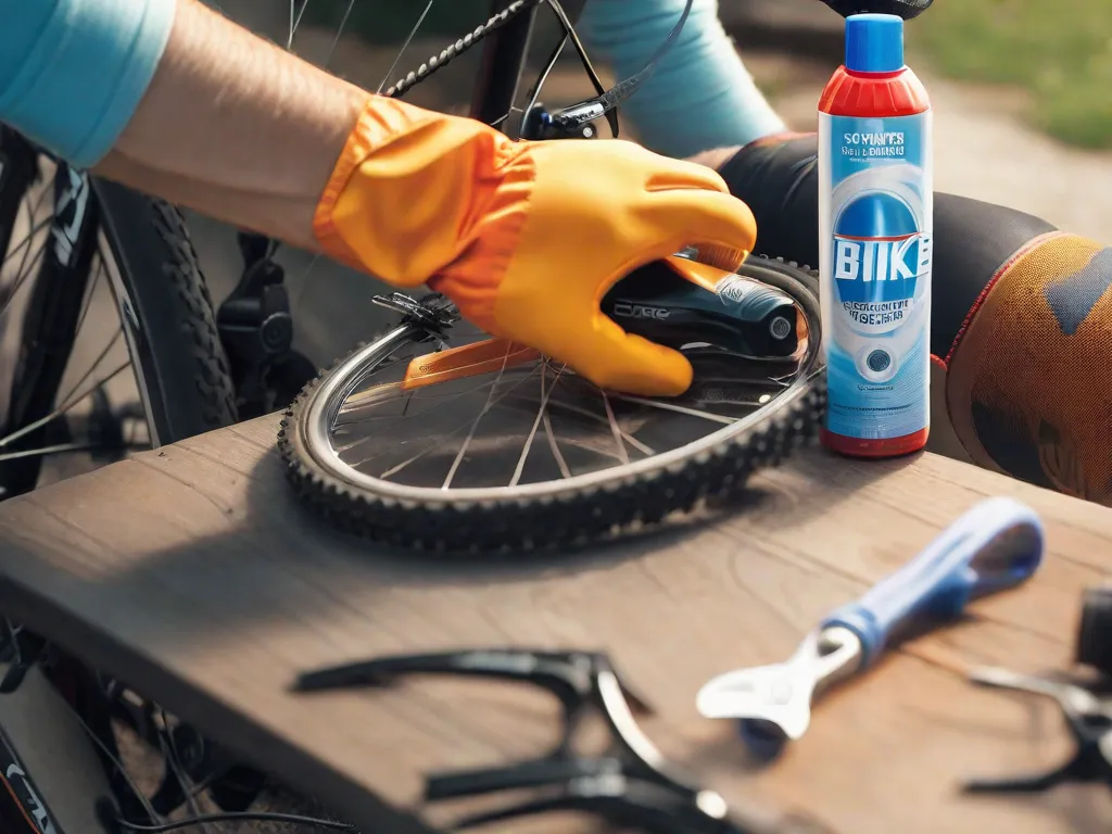 Descrição da imagem: Um close-up de um par de mãos usando luvas de proteção, segurando um pano limpo e uma garrafa de limpador de bicicleta. As mãos estão delicadamente limpando o quadro de uma bicicleta, removendo sujeira e graxa. Ao fundo, pode-se ver um conjunto de ferramentas de bicicleta e uma pequena garrafa de lubrificante,