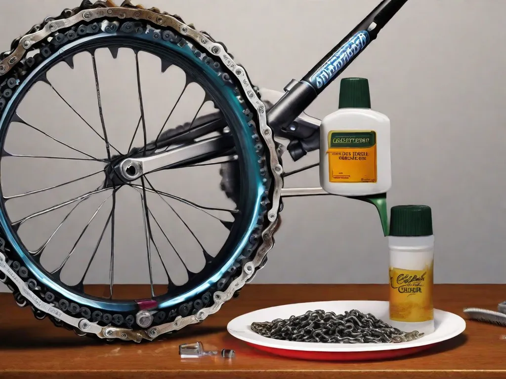 Uma imagem em close de uma corrente de bicicleta com um desengraxante sendo aplicado. A corrente brilha com o líquido de limpeza, e uma mão com uma luva protetora segura uma escova para esfregar entre os elos. Ao fundo, uma garrafa etiquetada como