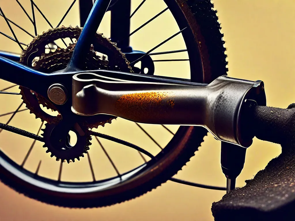 Uma imagem em close-up de uma corrente de bicicleta enferrujada sendo tratada com uma solução removedora de ferrugem. A corrente está sendo gentilmente esfregada com uma escova de arame, mostrando a técnica eficaz para remover a ferrugem das bicicletas. As cores vibrantes do quadro da bicicleta ao fundo contrastam com a corrente enferrujada, enfatizando