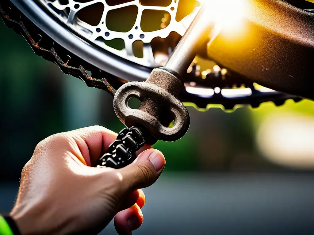 Uma imagem em close-up de uma corrente de bicicleta enferrujada sendo limpa com uma escova de arame, destacando a importância de remover a ferrugem para um desempenho e longevidade ideais da bicicleta. O esforço concentrado em remover a ferrugem simboliza a dedicação e cuidado necessários para manter uma bicicleta em bom funcionamento.