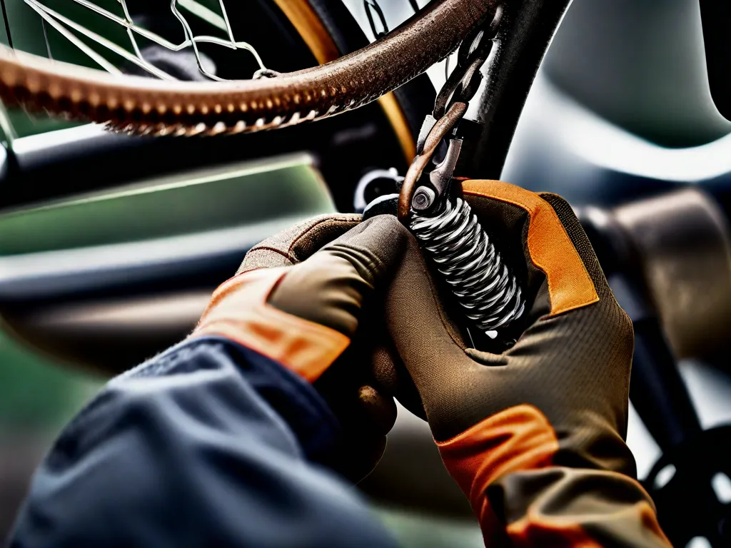 Descrição da imagem: Um close-up de uma corrente de bicicleta enferrujada sendo limpa com uma escova de arame. A mão enluvada do ciclista segura firmemente a escova, aplicando pressão para remover a ferrugem. Gotas de partículas de ferrugem podem ser vistas caindo da corrente conforme ela começa a recuperar seu brilho.