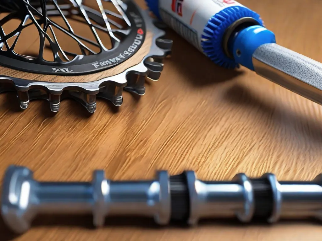 Uma imagem em close de uma corrente e engrenagens de bicicleta com uma pequena escova de cerdas removendo sujeira e detritos. Uma garrafa de lubrificante e um pano limpo estão por perto em uma bancada de trabalho de madeira, prontos para serem usados.