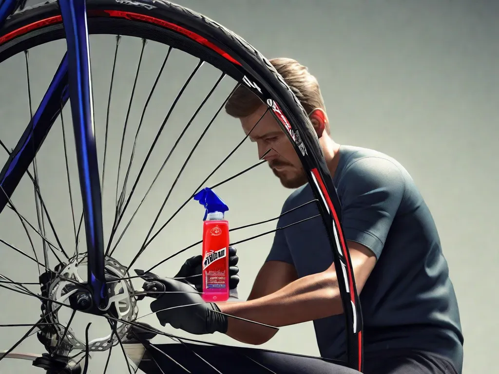 Uma imagem em close de uma pessoa usando luvas, utilizando uma escova para aplicar solução de limpeza no disco de freio e nos raios da roda de uma bicicleta, com um frasco de desengraxante específico para bicicletas e um pano limpo no chão ao lado dela.