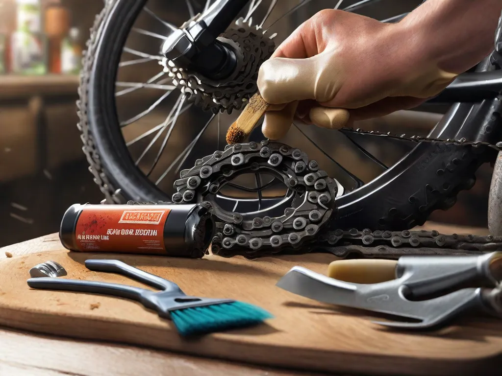 Descrição da imagem: Um close-up de uma corrente de bicicleta sendo limpa e lubrificada. A corrente está sendo segurada por uma mão usando uma luva de proteção, enquanto uma pequena escova é usada para remover sujeira e detritos. Ao fundo, há várias ferramentas e frascos de lubrificante para correntes arrumados em uma bancada de trabalho.
