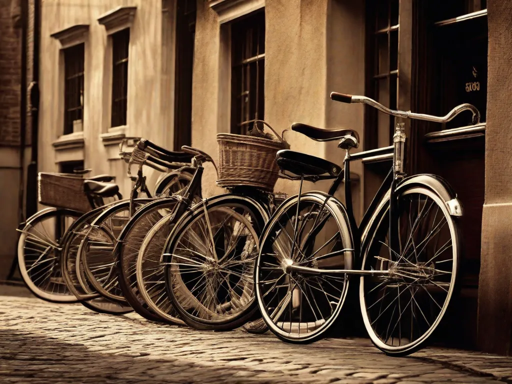 Uma fotografia em tons de sépia mostra uma sequência de bicicletas antigas, desde a Penny Farthing de roda alta até a bicicleta de estrada clássica dos anos 1950, dispostas contra uma velha parede de tijolos, simbolizando a evolução do ciclismo através dos tempos.