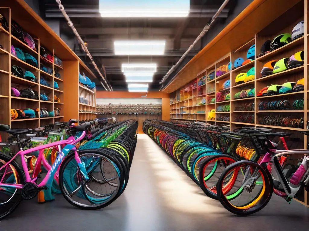 Uma imagem vibrante de uma loja de bicicletas com fileiras de bicicletas coloridas em exibição, acompanhadas por prateleiras cheias de acessórios e equipamentos para bicicletas. A loja está cheia de clientes, alguns experimentando bicicletas, outros navegando pela seleção. A imagem captura a emoção e a variedade de opções disponíveis para os entusiastas de bicic