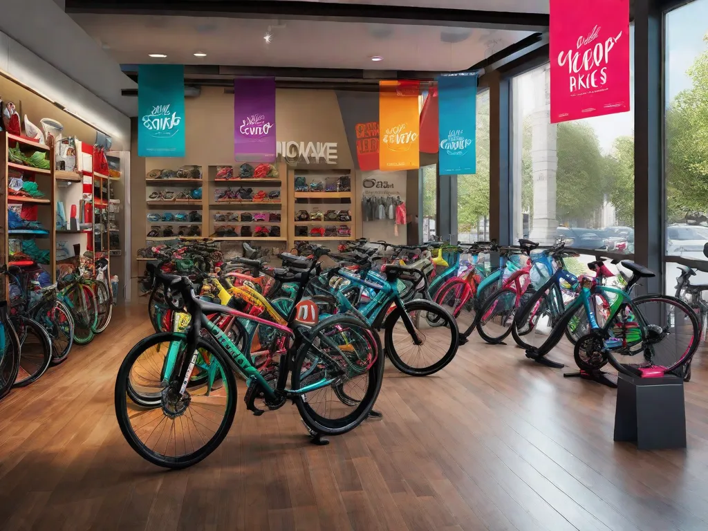 Uma imagem de uma loja de bicicletas vibrante com bicicletas coloridas em exposição, acompanhadas por placas de venda e banners chamativos. Clientes podem ser vistos navegando pelas bicicletas com desconto, aproveitando ansiosamente as ofertas especiais e promoções.