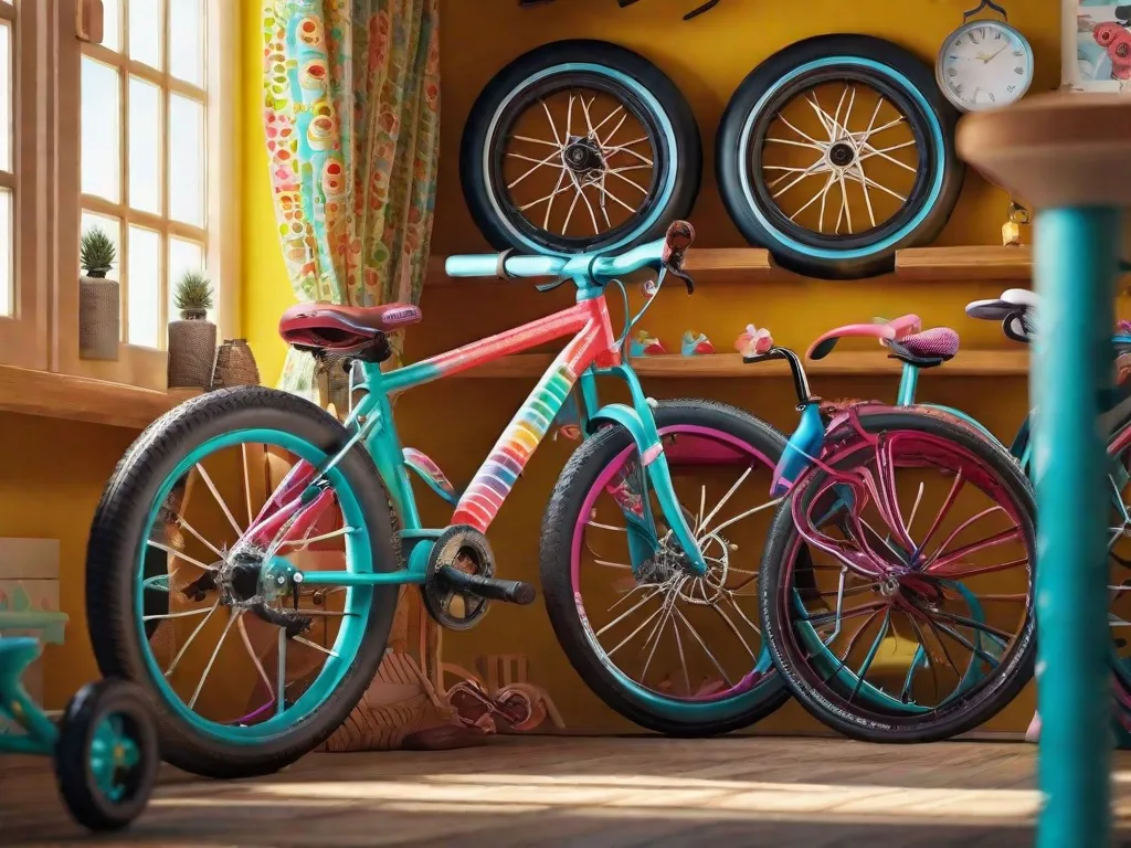 Uma imagem vibrante de uma loja de bicicletas coloridas exibindo uma variedade de bicicletas de tamanho pequeno. As bicicletas são decoradas com padrões divertidos e acessórios, atraindo jovens ciclistas para embarcar em aventuras emocionantes. A imagem captura a alegria e a liberdade que vem com andar de bicicleta, inspirando os pais a introduzirem