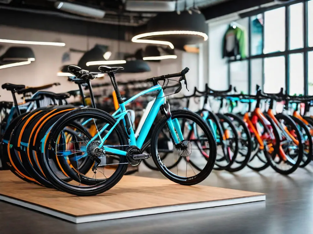 Descrição da imagem: Um close-up de uma loja de bicicletas com uma ampla variedade de bicicletas expostas. A imagem mostra vários tipos de bicicletas, incluindo bicicletas de estrada, bicicletas de montanha e bicicletas híbridas. Cada bicicleta está etiquetada com suas especificações e características, facilitando para os iniciantes comparar e escolher