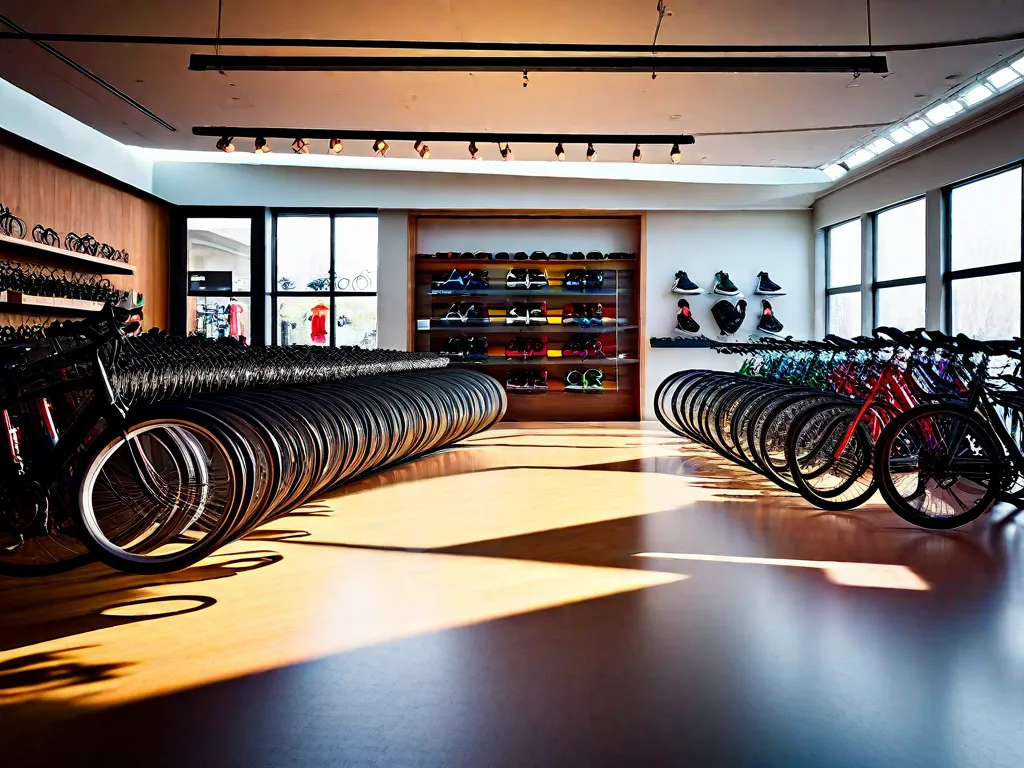 Uma imagem de uma loja de bicicletas com várias bicicletas em exposição, acompanhadas de etiquetas de preço. A imagem captura os diferentes fatores que influenciam o preço de uma bicicleta, como marca, materiais, componentes e tecnologia. Ela simboliza a variedade de opções disponíveis para os consumidores e a importância de considerar esses fatores ao tomar uma decisão de compra