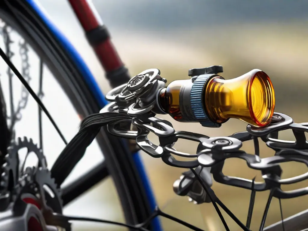 Uma imagem em close de uma corrente e engrenagens de bicicleta recebendo lubrificante de um frasco conta-gotas, com o excesso de óleo sendo absorvido por um pano colocado por baixo. O fundo está desfocado, concentrando-se nas novas gotas de lubrificante nas ligações metálicas da corrente.