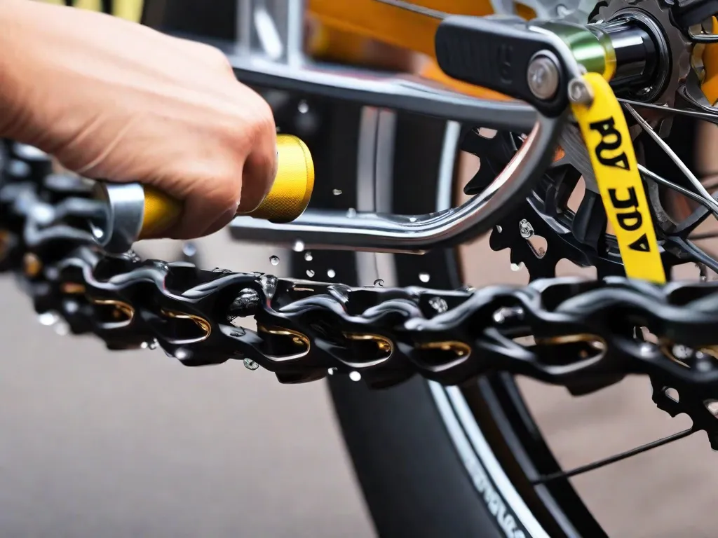 Uma imagem de um close-up de uma corrente de bicicleta sendo lubrificada com óleo. A corrente está limpa e brilhante, com gotas de óleo sendo aplicadas em cada elo usando um pequeno aplicador. O foco está na precisão e cuidado tomados para garantir a lubrificação adequada para um desempenho ótimo da bicicleta.