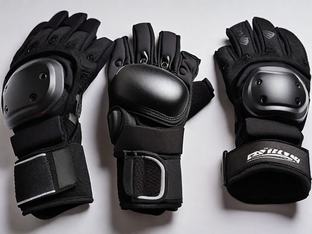 Descrição da imagem: Um close-up de um par de luvas pretas e cotoveleiras dispostas em um fundo branco. As luvas são feitas de material durável com reforço nos nós dos dedos e alças ajustáveis para um ajuste seguro. As cotoveleiras possuem uma casca rígida para máxima proteção e acolchoamento macio por dentro para maior conforto. Esses acessórios de seg