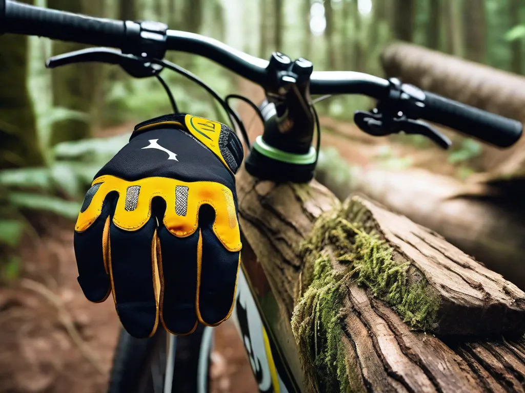 Um par de luvas de ciclismo resistentes repousa sobre o guidão, com os dedos apontando para a frente. As luvas têm reforço acolchoado nas palmas e malha respirável na parte de trás, com tiras de velcro ajustáveis nos punhos. Elas estão contra um fundo desfocado de uma trilha na floresta.