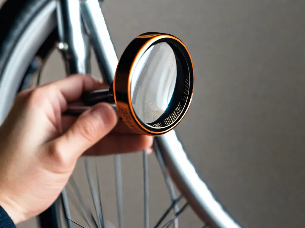 Descrição da imagem: Um close-up da mão de uma pessoa segurando uma lupa, examinando os detalhes finos do quadro de uma bicicleta. O quadro é lindamente trabalhado com soldas intricadas e linhas suaves, mostrando a atenção aos detalhes em sua construção. A lupa destaca a importância de prestar atenção em cada aspecto ao tomar uma decisão de compra para uma bicic