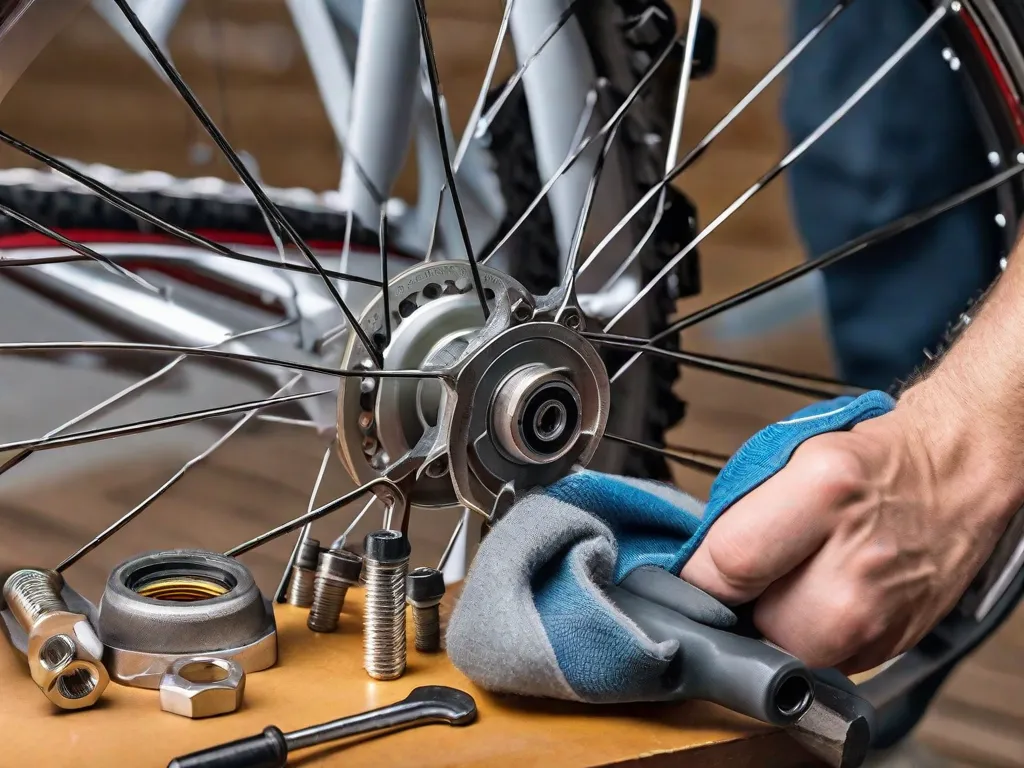 Descrição da imagem: Um close-up das mãos de uma pessoa usando luvas, segurando uma chave inglesa e apertando os parafusos de uma roda de bicicleta. A pessoa está focada e determinada, mostrando o processo de manutenção da bicicleta. Ferramentas e peças sobressalentes estão arrumadas de forma organizada em uma bancada de trabalho ao fundo, destacando a importância de