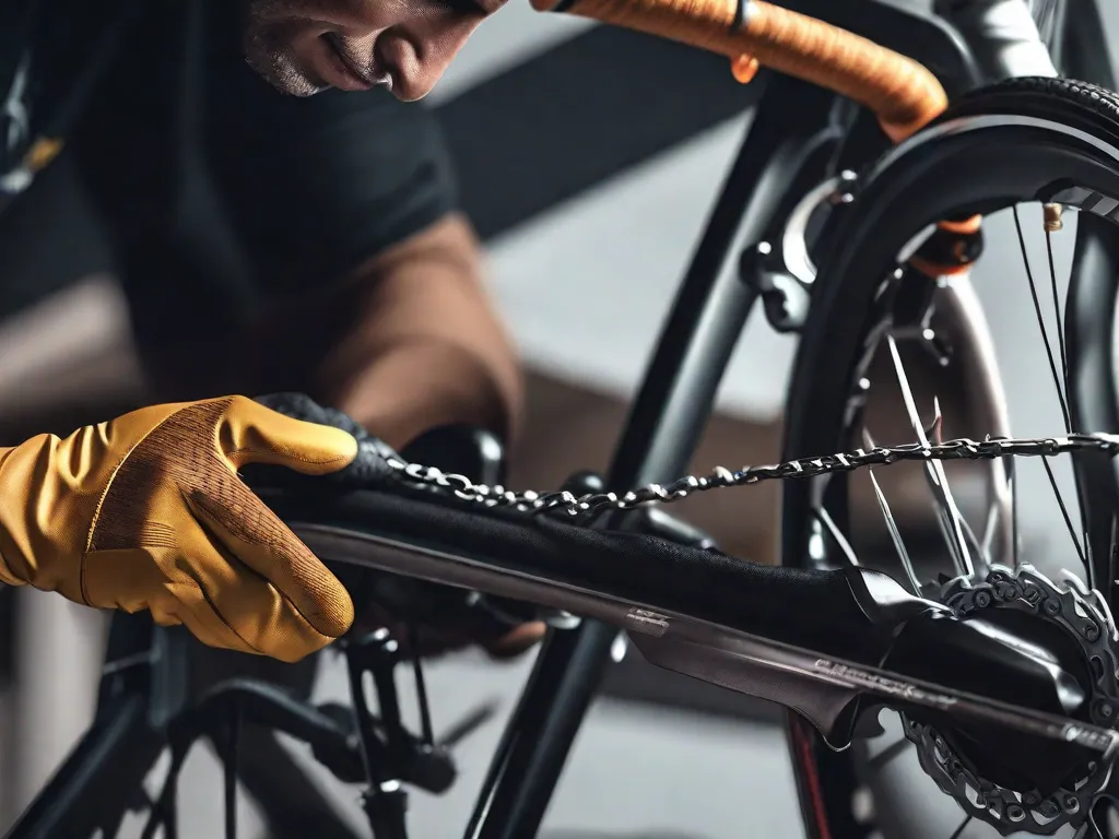 Descrição da imagem: Um close de uma pessoa usando luvas, limpando e lubrificando gentilmente a corrente de uma bicicleta. O foco está em suas mãos, mostrando a importância da manutenção regular e cuidados básicos para garantir pedaladas suaves e seguras.