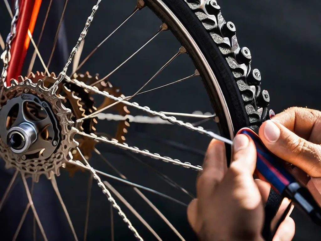 Uma imagem em close-up de uma corrente de bicicleta sendo limpa e lubrificada, com uma mão segurando uma pequena escova e uma garrafa de lubrificante para correntes. O foco está nos detalhes intricados da corrente, destacando a importância da manutenção regular para uma troca de marchas suave.