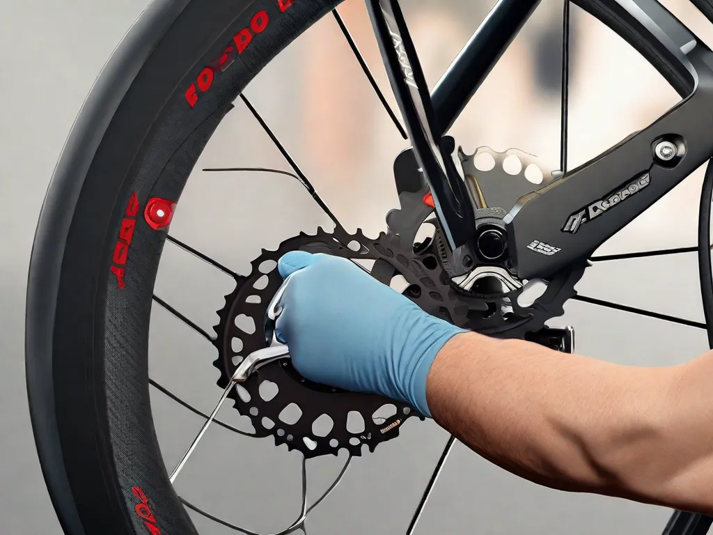 Descrição da imagem: Um close-up de um sistema de freio de bicicleta sendo inspecionado e mantido por um mecânico habilidoso. As mãos do mecânico estão ajustando cuidadosamente as pastilhas de freio, garantindo que estejam alinhadas corretamente. A imagem destaca a importância da manutenção regular dos freios para um desempenho ideal da bicicleta e segurança do ciclista