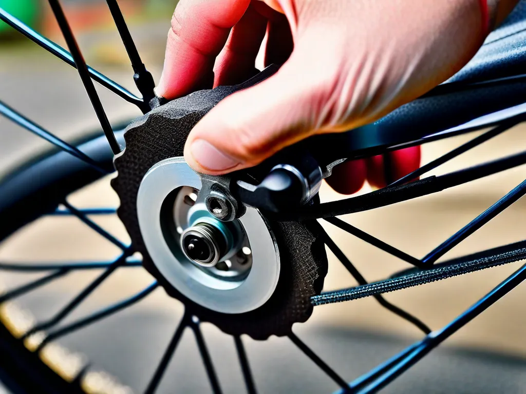 Descrição da imagem: Um close-up das mãos de uma pessoa ajustando as pastilhas de freio em uma bicicleta. A pessoa está usando uma chave para apertar o cabo de freio e alinhar as pastilhas perfeitamente com a borda da roda. A imagem mostra a precisão e atenção aos detalhes necessários para a manutenção adequada dos freios da bicicleta.