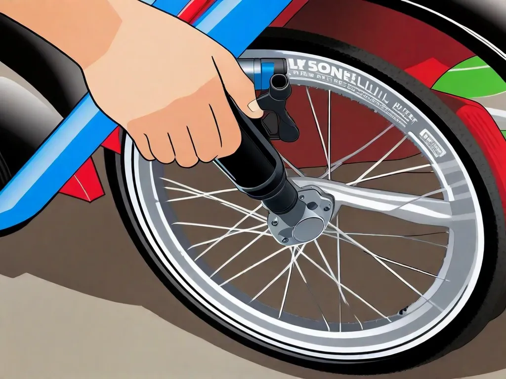 Uma imagem em close-up de uma mão segurando uma bomba de bicicleta, com a válvula do pneu visível. A mão está aplicando pressão na bomba, enquanto o ar flui para dentro do pneu. A imagem demonstra a praticidade de encher um pneu de bicicleta e oferece um guia visual para os leitores seguirem.