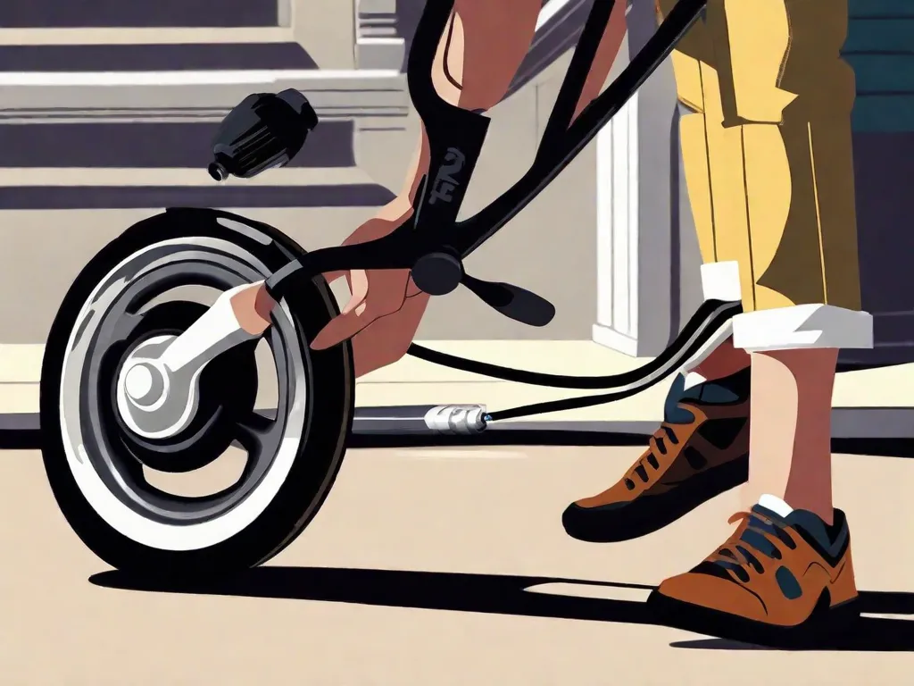 Descrição da imagem: Um close-up de uma mão segurando a alça de uma bomba de bicicleta, com o bico conectado à válvula do pneu. A luz do sol ilumina a cena, projetando uma sombra da mão no chão. O pneu está visivelmente inflando, mostrando o progresso do enchimento com ar.