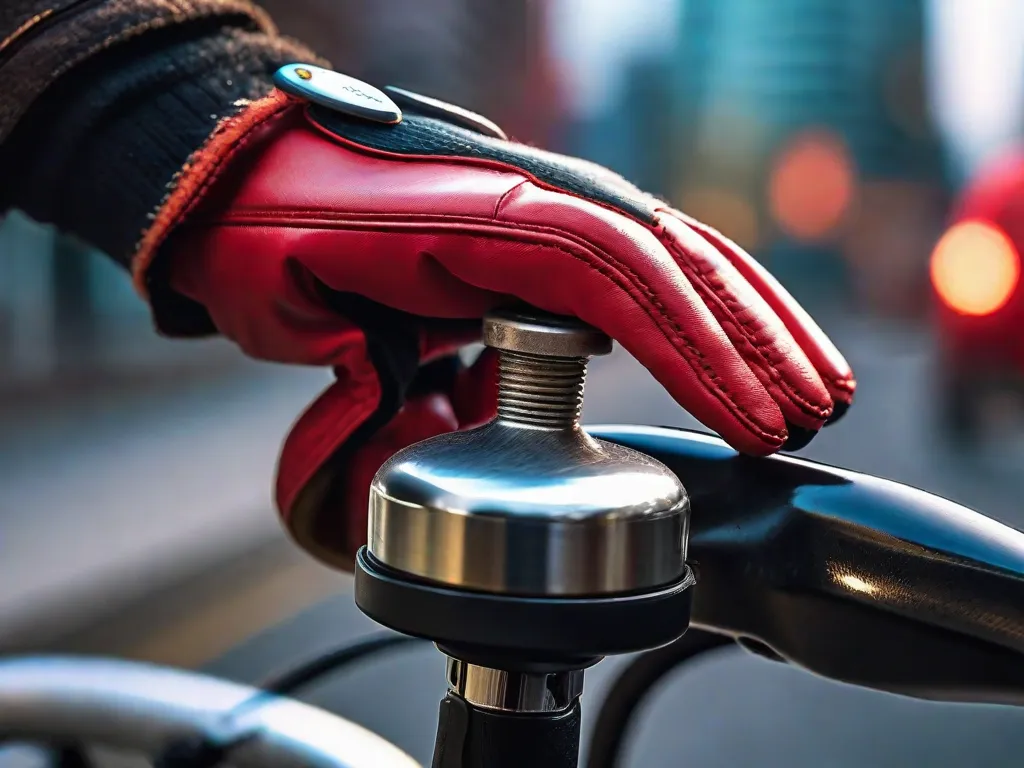 Uma imagem em close da mão enluvada de um ciclista pressionando uma campainha de bicicleta, com uma vibrante alavanca de freio vermelha em primeiro plano. O fundo mostra uma rua da cidade desfocada para enfatizar o movimento e o ato de desacelerar.