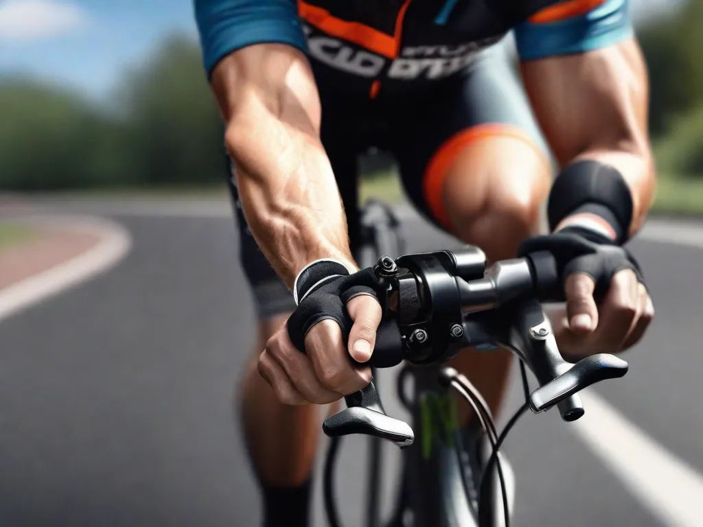 Um close-up da mão enluvada de um ciclista segurando o guidão com um dedo posicionado na alavanca do freio, pronto para ajustar a velocidade. A bicicleta está em movimento com o asfalto desfocado transmitindo uma sensação de velocidade e a necessidade de uma regulação cuidadosa da velocidade.