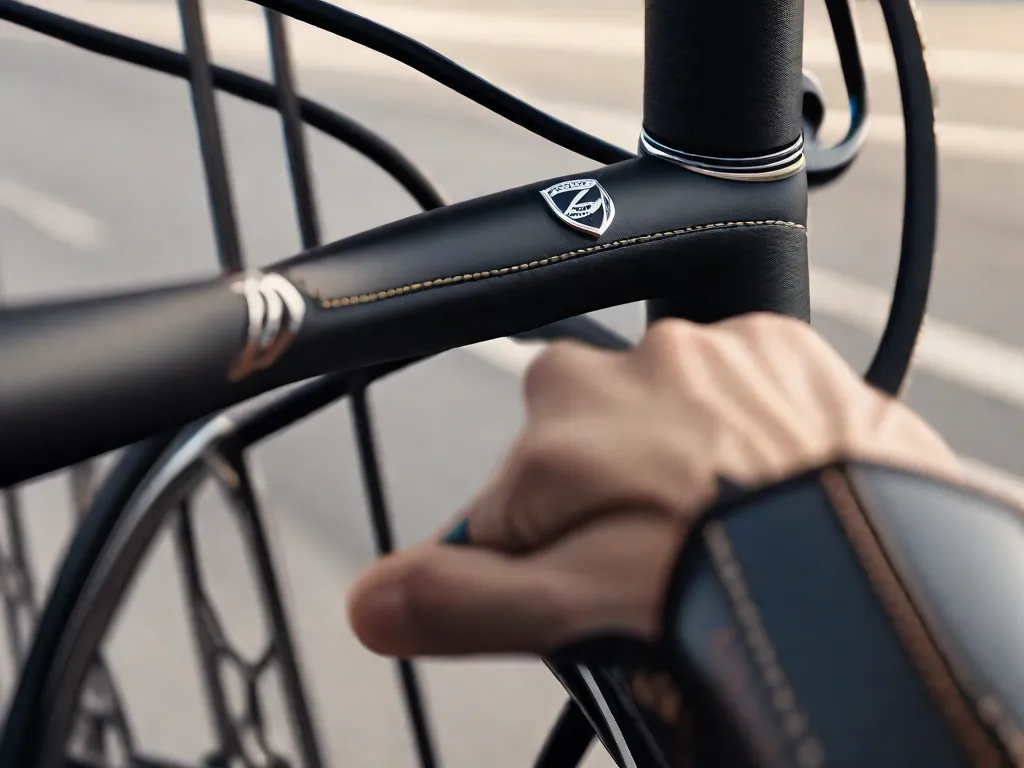 Uma imagem em close da mão de um ciclista segurando o guidão de couro de alta qualidade com costura visível. Ao fundo, uma seção de um quadro de bicicleta de estrada preto fosco e elegante com um logo de marca premium desfocado sugere artesanato e atenção aos detalhes.