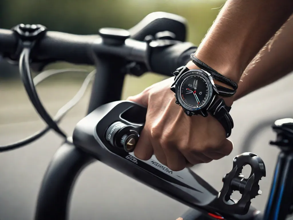 Uma imagem em close da mão de um ciclista acionando um moderno e elegante câmbio de marchas no guidão de uma bicicleta de estrada, com um fundo desfocado destacando os engrenagens giratórias e a corrente da bicicleta em movimento.