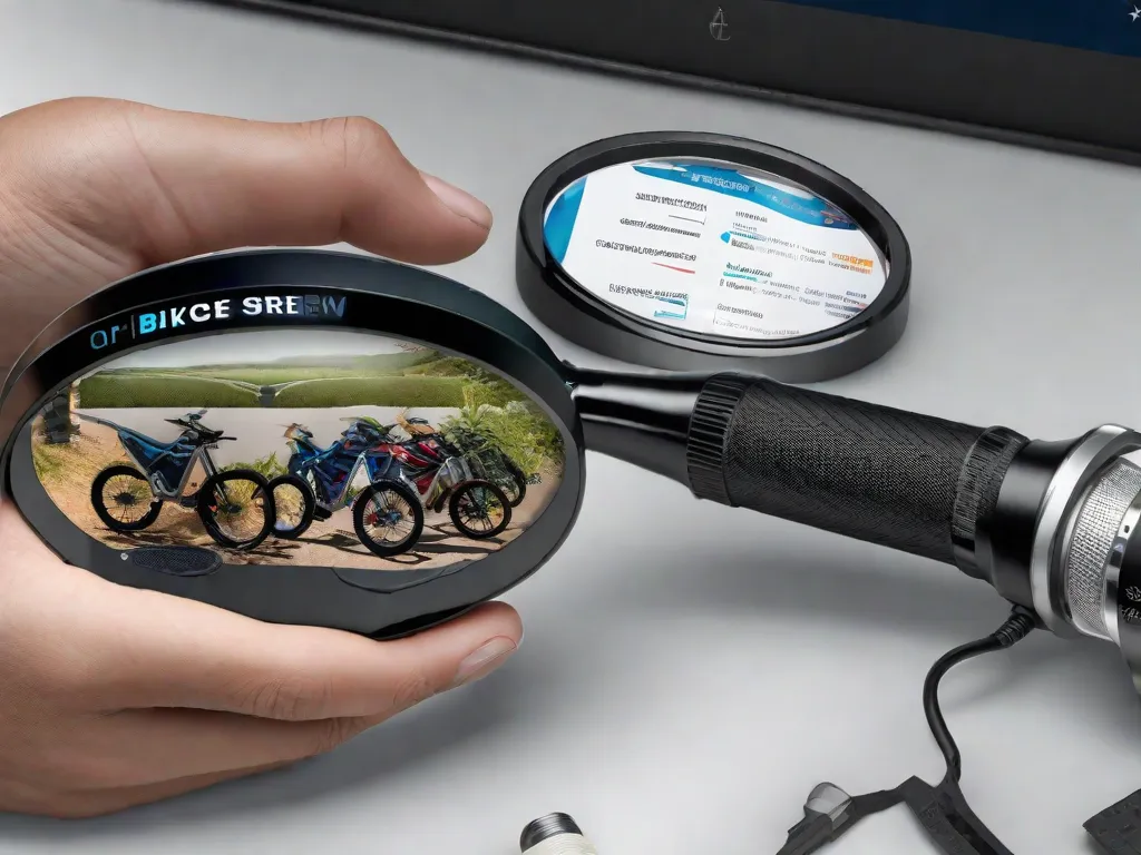 Descrição da imagem: Um close-up da mão de uma pessoa segurando uma lupa, examinando diferentes opções de bicicletas exibidas em uma tela de computador. A tela mostra várias especificações, preços e avaliações de clientes, simbolizando o processo de pesquisar e comparar diferentes bicicletas para encontrar a melhor opção no mercado.