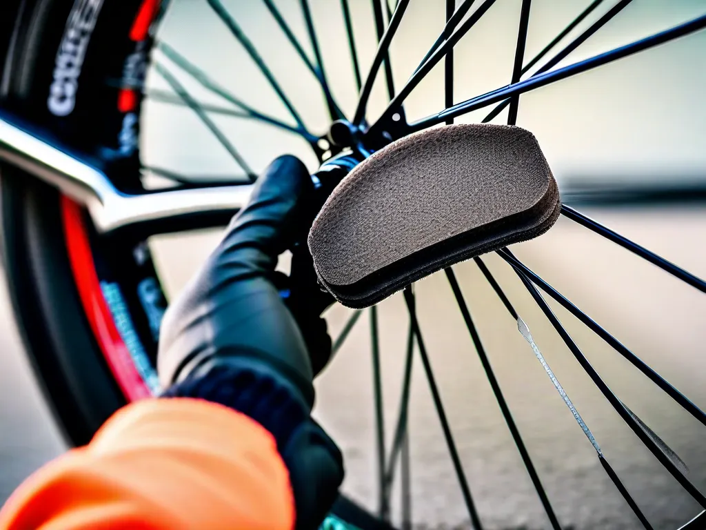 Imagem em close de uma mão com luva segurando uma pastilha de freio, com uma roda de bicicleta ao fundo. A mão está no processo de remover a pastilha de freio antiga e substituí-la por uma nova, destacando a importância da manutenção regular e garantindo um desempenho de frenagem ótimo.