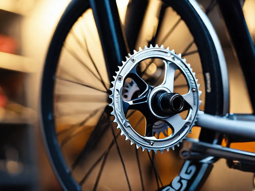 Uma imagem em close da mão de um mecânico segurando um corrente de bicicleta nova e brilhante, com um fundo desfocado de peças de bicicleta organizadas em prateleiras, destacando o tema de obter peças de reposição originais para bicicletas.