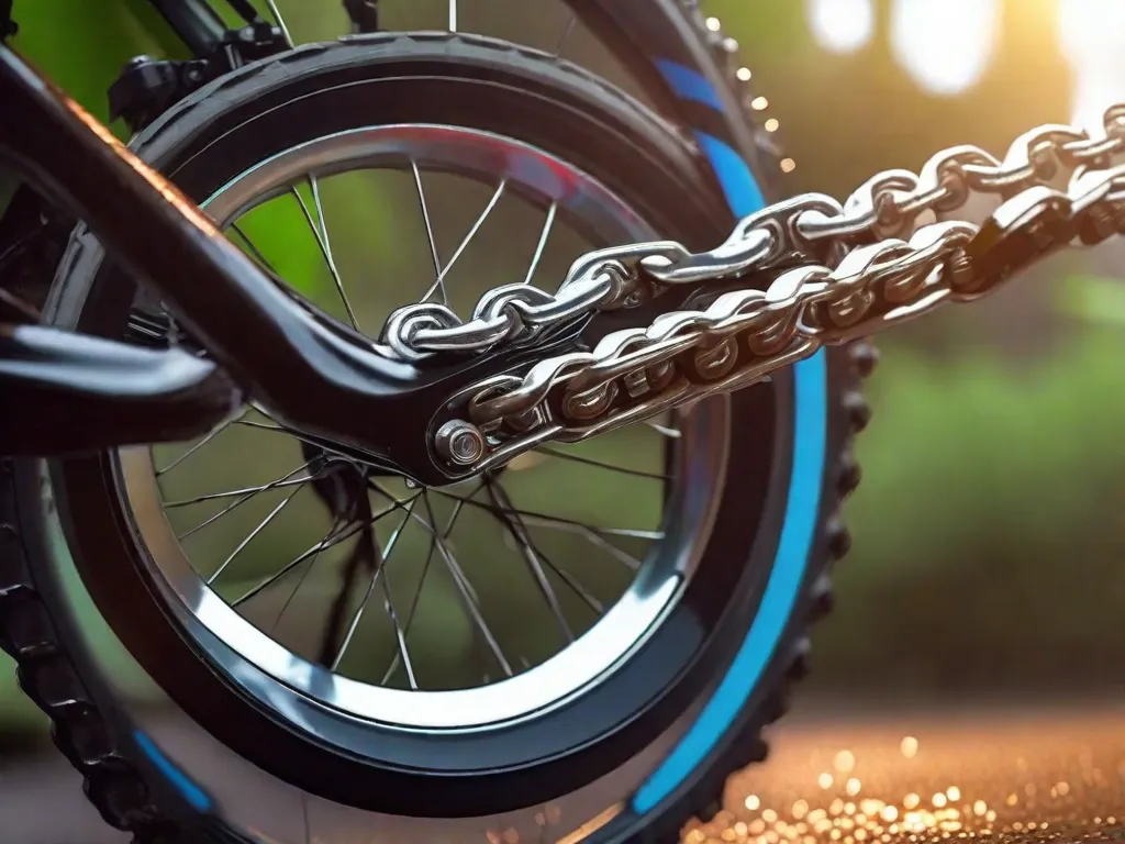Imagem: Um close-up da mão de uma pessoa segurando uma garrafa de lubrificante para corrente de bicicleta, com gotas de óleo caindo na corrente. A corrente está limpa e brilhante, refletindo a luz. O fundo mostra uma bicicleta bem cuidada, com quadro e pneus reluzentes, pronta para um passeio.