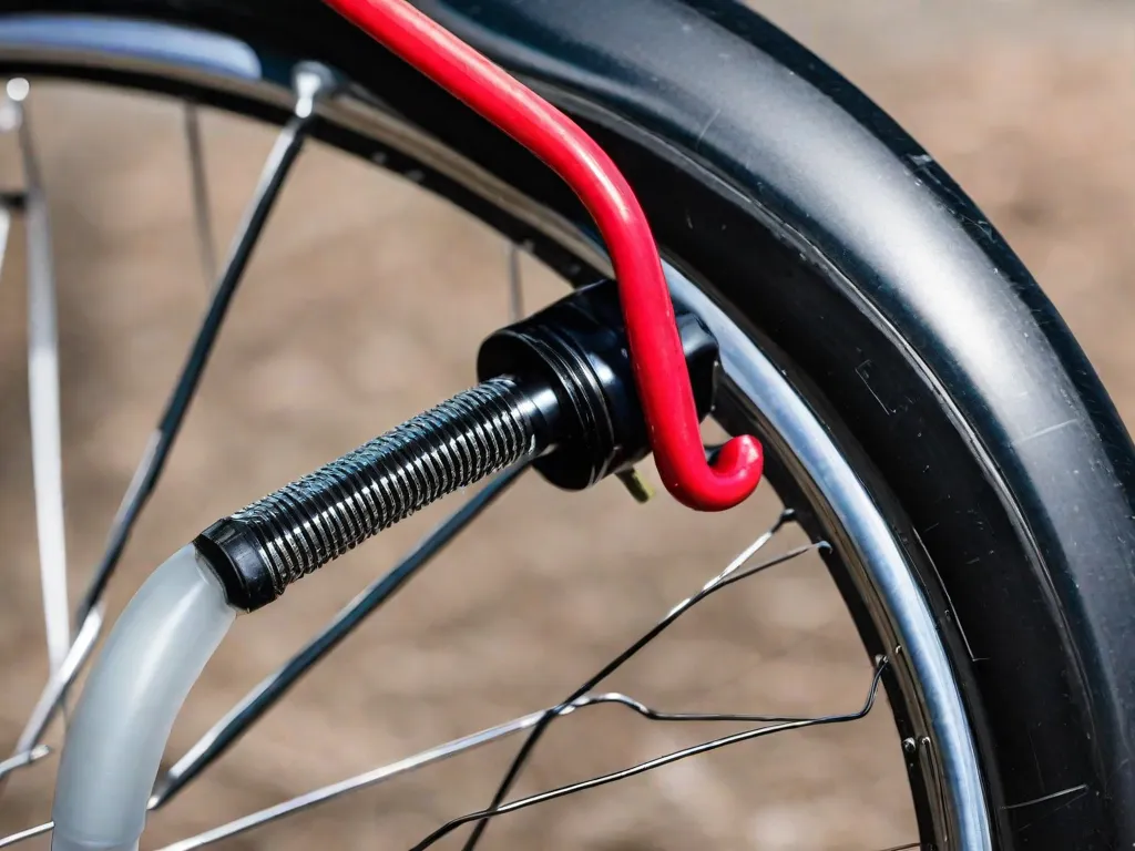 Descrição da imagem: Um close-up de uma mão segurando uma bomba de bicicleta, com um pneu de bicicleta parcialmente inflado ao fundo. A mão está segurando firmemente a alça da bomba, enquanto a outra mão segura a ponta da bomba contra a válvula do pneu. A bomba está inflando o pneu, com o ar visivelmente fluindo para dentro dele.