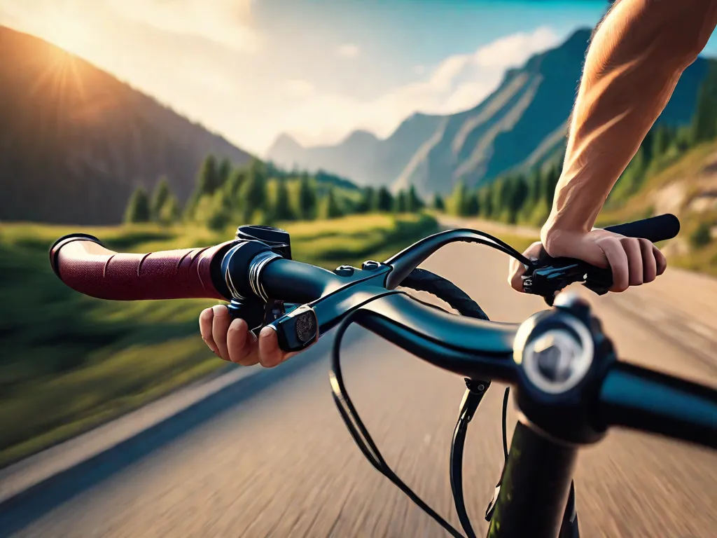 Descrição da imagem: Um close-up da mão de uma pessoa segurando o guidão de uma bicicleta, com os dedos segurando-o firmemente. O fundo mostra uma trilha de montanha cênica, simbolizando a importância de fazer a escolha certa ao selecionar a bicicleta perfeita para um passeio aventureiro.