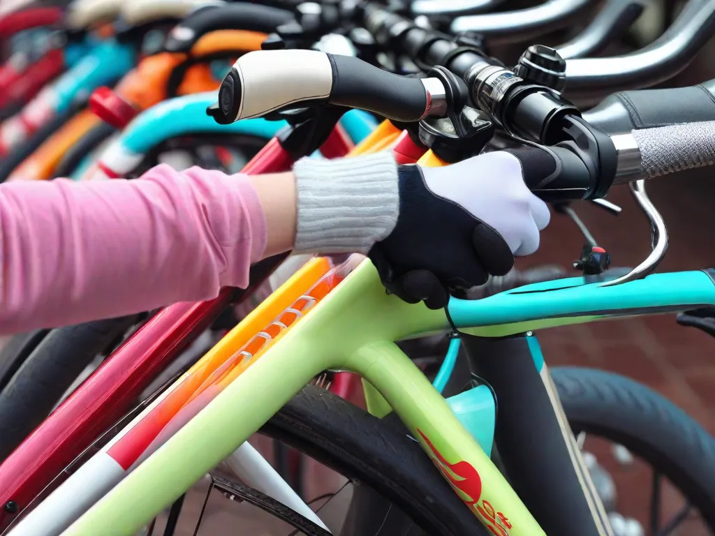 Descrição da imagem: Um close-up da mão de uma pessoa segurando um guidão de bicicleta elegante. A mão está usando uma luva de ciclismo sem dedos, e o fundo mostra uma fileira de diferentes bicicletas alinhadas, exibindo vários estilos e cores. A imagem representa a ideia de experimentar diferentes bicicletas antes de tomar uma decisão de compra.