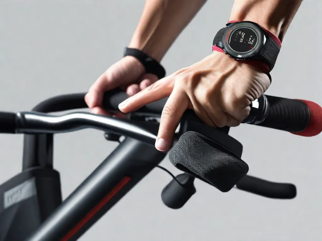 Descrição da imagem: Um close-up da mão de uma pessoa segurando o guidão de uma bicicleta ergométrica. A pessoa está usando um relógio de pulso e uma faixa de suor na testa, indicando seu compromisso com o treino. A imagem enfatiza a importância de uma pegada adequada e segurança ao usar uma bicicleta ergométrica.
