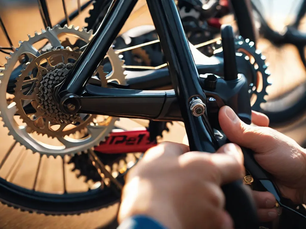 Descrição da imagem: Um close-up das mãos de uma pessoa ajustando as marchas de uma bicicleta. As mãos estão delicadamente girando os trocadores de marcha, com a luz do sol lançando um brilho quente na corrente e nas engrenagens da bicicleta.