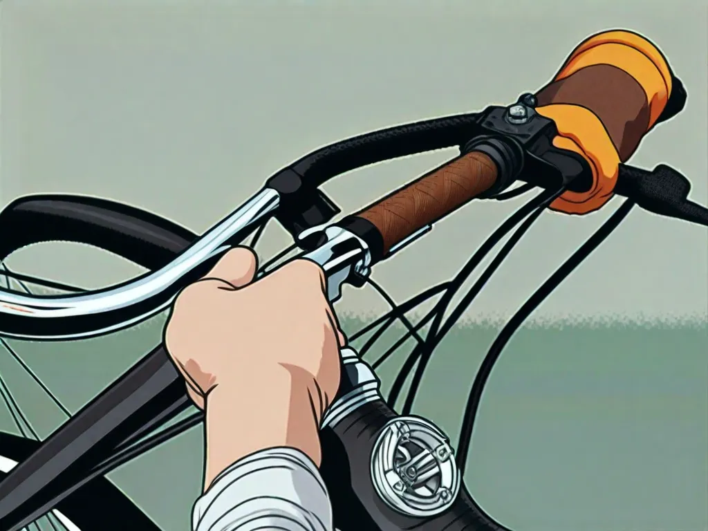 Uma imagem em close-up de uma bicicleta elegante e moderna estacionada em frente a um cenário vibrante da cidade. A bicicleta possui componentes de alta qualidade, um selim confortável e acessórios estilosos, atraindo compradores com sua funcionalidade e apelo estético.