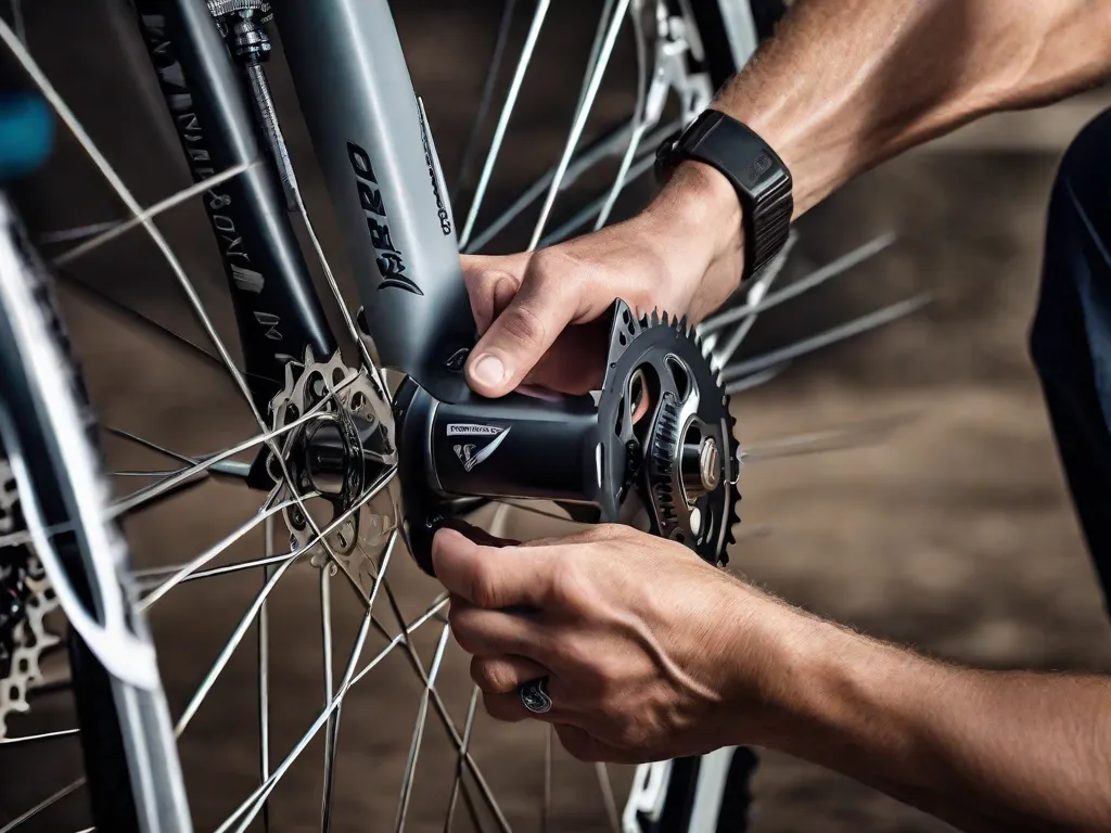 Uma imagem em close-up de um par de mãos segurando uma chave inglesa, enquanto cuidadosamente soltam os parafusos que prendem os pedais na manivela de uma bicicleta. O foco está nos detalhes intricados da ferramenta e na expressão determinada no rosto da pessoa, mostrando a preparação para a remoção dos pedais.