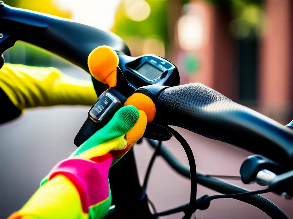Descrição da imagem: Um close-up de um par de mãos segurando o guidão de uma bicicleta. As mãos estão cobertas por luvas coloridas de ciclismo, e os dedos estão levemente curvados ao redor dos punhos. A bicicleta está parada, com a roda dianteira virada para o lado, pronta para começar a se mover para frente. O fundo mostra um parque ens