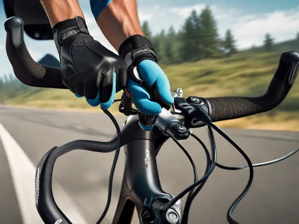 Uma foto em close das mãos enluvadas de um ciclista segurando firmemente o guidão de uma bicicleta de estrada, com uma visão clara das alavancas de freio e dos trocadores de marcha, destacando a importância de manter o controle e a segurança durante o passeio. Ao fundo, visível de forma desfocada, há uma estrada tranquila se estendendo à frente