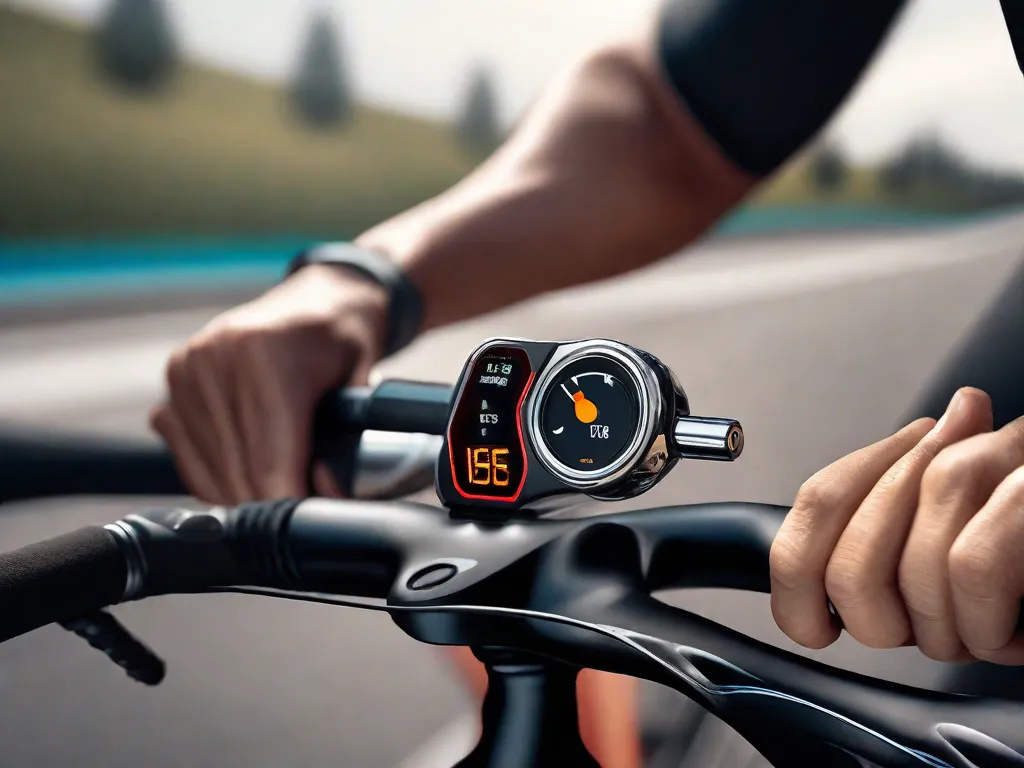 Um close-up das mãos de um ciclista determinado segurando firmemente o guidão, com gotas de suor na testa, evidenciando a intensidade de uma desafiadora subida íngreme. O fundo está desfocado com o movimento de um caminho montanhoso cênico, enfatizando o foco e a determinação do ciclista para superar o obstáculo.